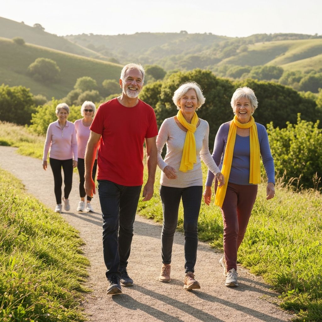 Active adults walking together in scenic natural environment